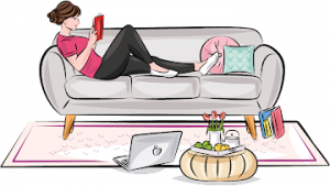 Illustration of a woman lounging on a couch reading a book